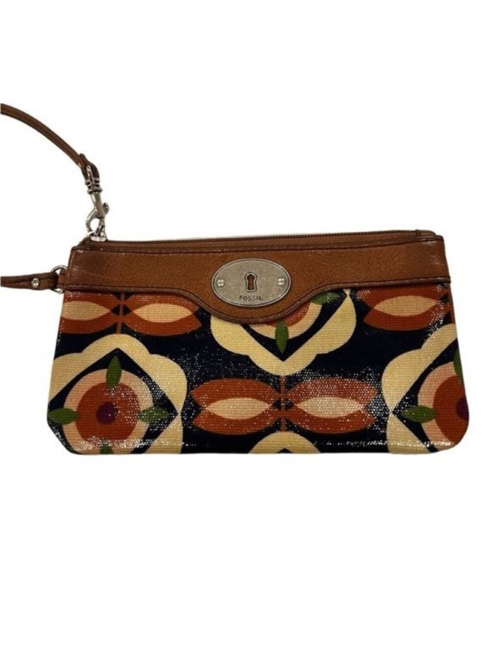 Fossil Key-Per Flower Floral Coated Canvas Brown Leather Wristlet Wallet Clutch
